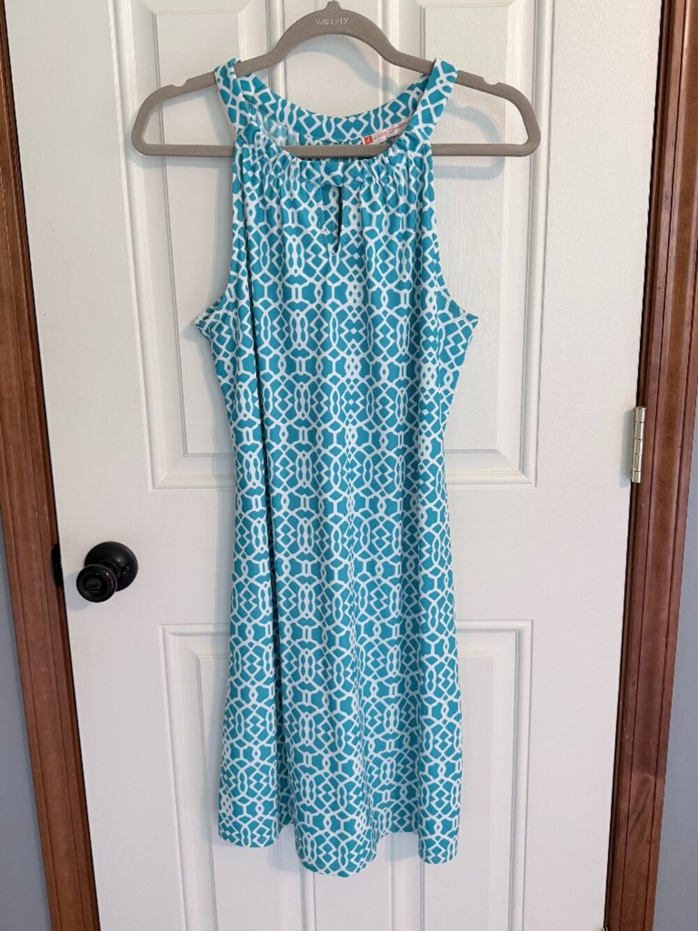 Jude Connally "Lisa" Dress Turquoise White Geometric Halter Keyhole Dress